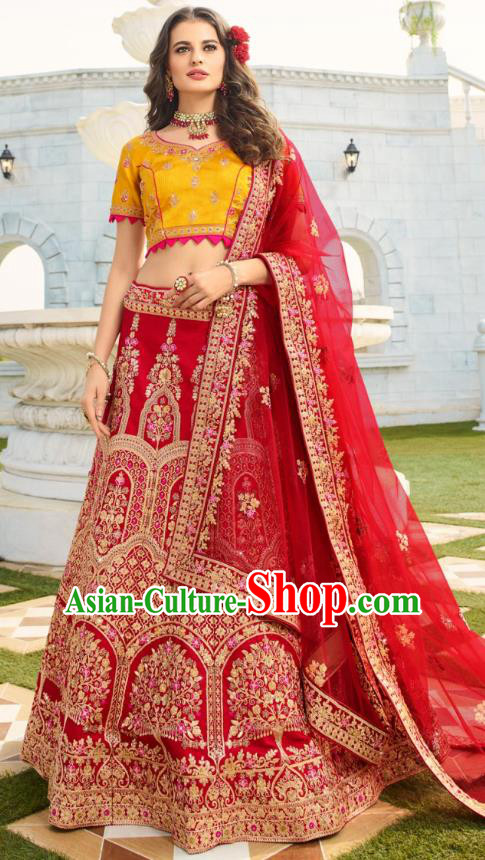 Asian India National Embroidered Lehenga Costumes Asia Indian Bride Traditional Yellow Satin Blouse and Red Skirt Sari for Women