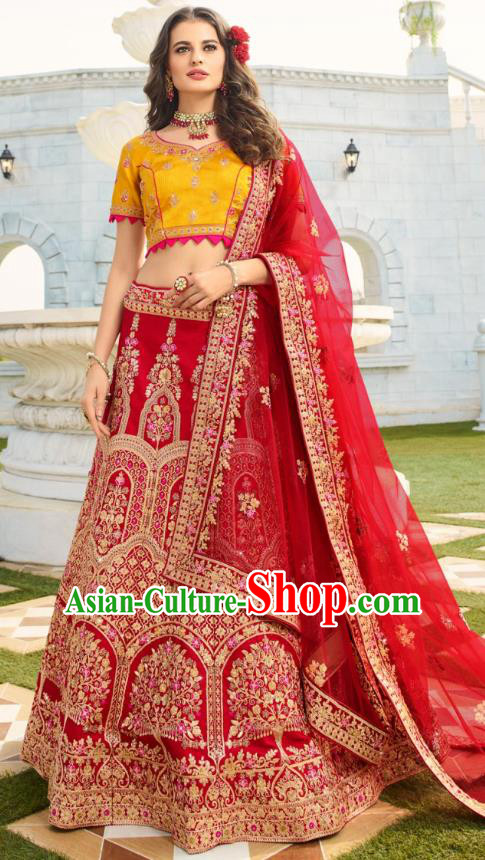 Asian India National Embroidered Lehenga Costumes Asia Indian Bride Traditional Yellow Satin Blouse and Red Skirt Sari for Women