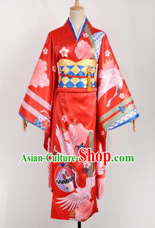 Traditional Japanese Printing Crane Red Yukata Dress Costumes Japan Geisha Silk Furisode Kimono and Belt Complete Set for Women