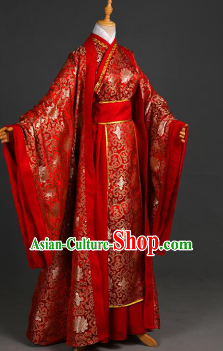 Traditional Chinese Cosplay Swordsman Xie Lian Wedding Costume Ancient Chivalrous Knight Garment Crown Prince Red Brocade Clothing for Men