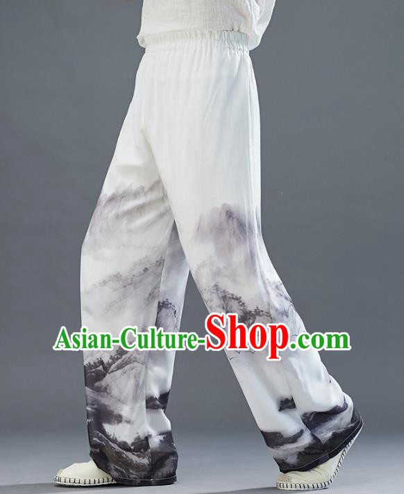 Chinese National Printing White Chiffon Pants Traditional Tang Suit Costume Loose Trousers for Men