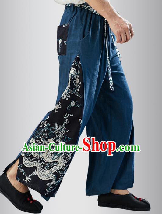 Chinese National Navy Flax Pants Traditional Tang Suit Costume Printing Dragon Linen Loose Trousers for Men