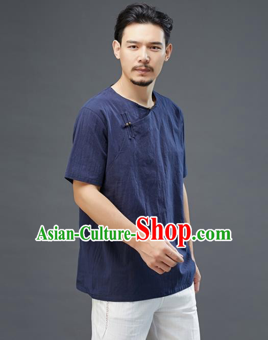 Chinese National Navy Linen Short Sleeve Shirt Traditional Tang Suit Upper Outer Garment Costume for Men