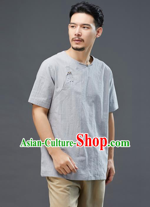 Chinese National Grey Linen Short Sleeve Shirt Traditional Tang Suit Upper Outer Garment Costume for Men