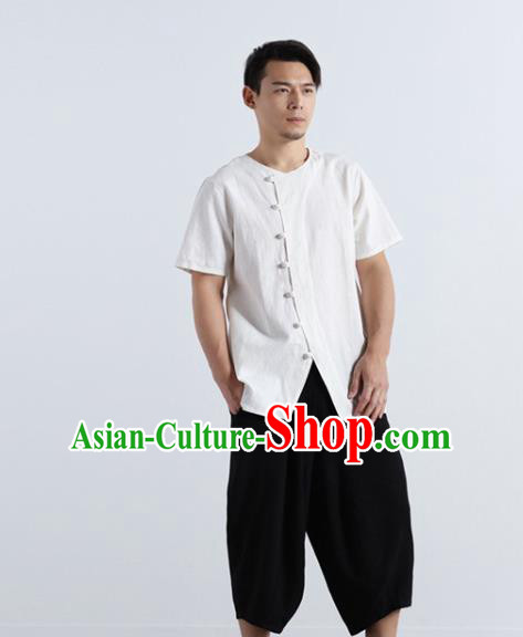 Chinese National White Flax Frog Buttons Shirt Traditional Tang Suit Short Sleeve Upper Outer Garment Costume for Men