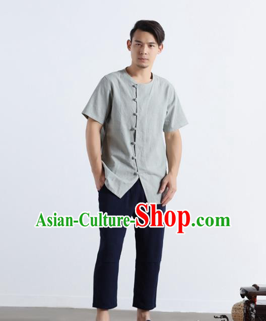 Chinese National Light Grey Flax Frog Buttons Shirt Traditional Tang Suit Short Sleeve Upper Outer Garment Costume for Men