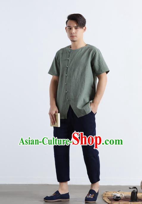 Chinese National Pea Green Flax Frog Buttons Shirt Traditional Tang Suit Short Sleeve Upper Outer Garment Costume for Men