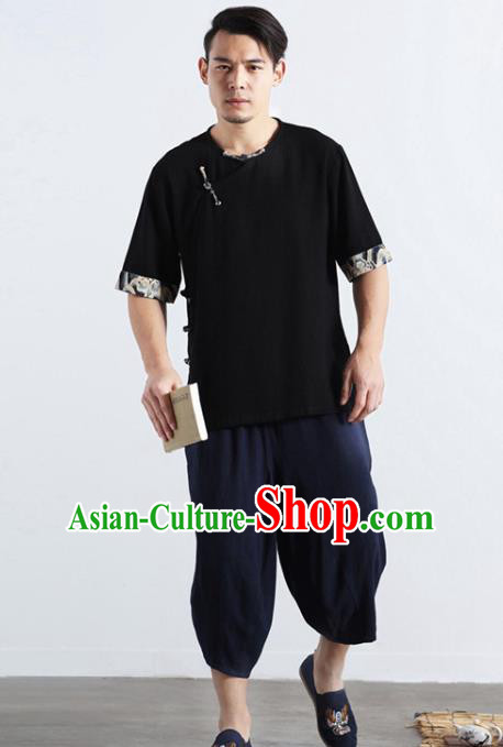Chinese National Black Flax Shirt Traditional Tang Suit Short Sleeve Upper Outer Garment Frog Buttons Costume for Men