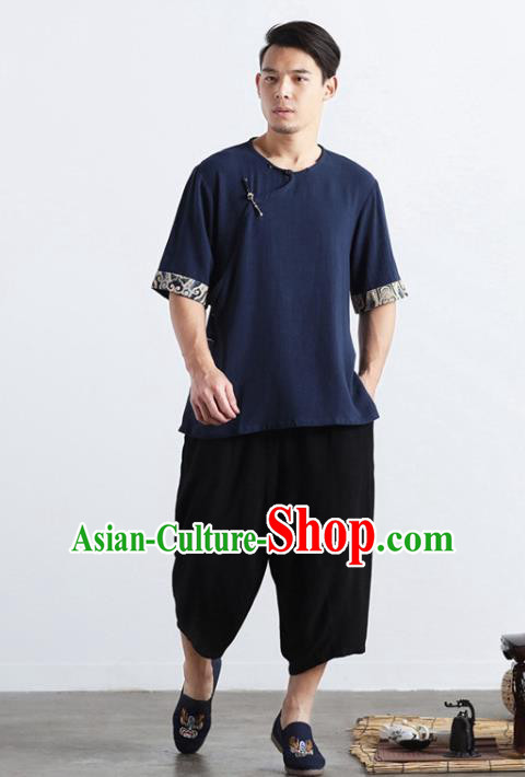 Chinese National Navy Flax Shirt Traditional Tang Suit Short Sleeve Upper Outer Garment Frog Buttons Costume for Men