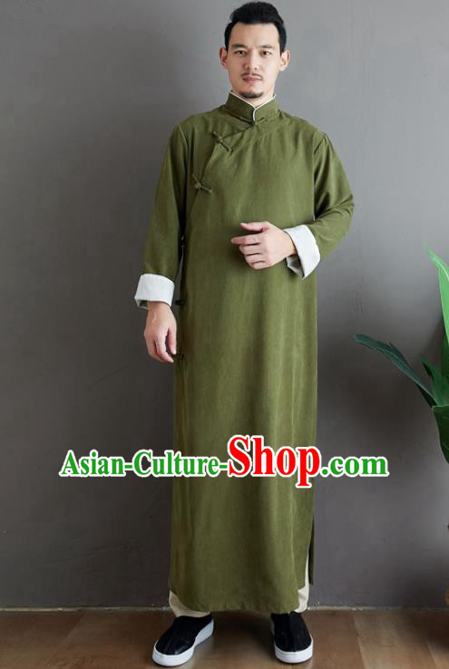 Republic of China National Olive Green Robe Traditional Tang Suit Costume Comic Dialogue Long Gown for Men