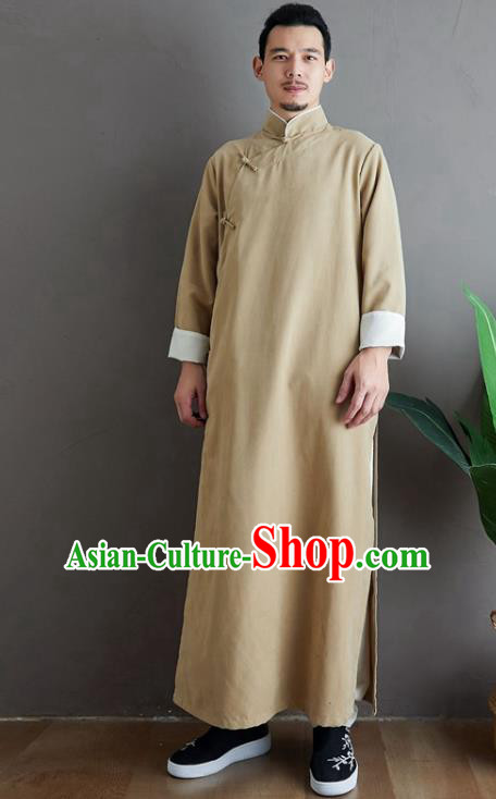 Republic of China National Beige Robe Traditional Tang Suit Costume Comic Dialogue Long Gown for Men