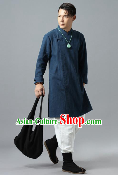 Chinese National Navy Flax Coat Traditional Tang Suit Outer Garment Overcoat Costume for Men