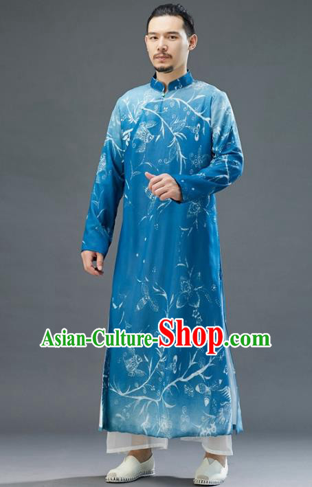 Republic of China National Blue Chiffon Robe Traditional Tang Suit Costume Printing Long Gown for Men