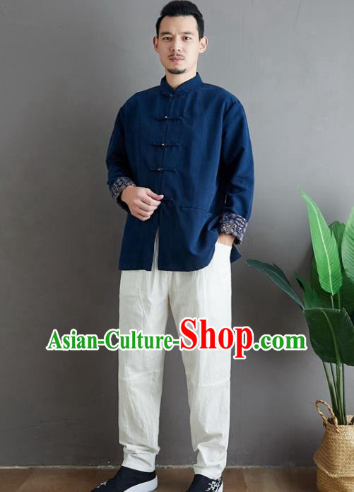 Chinese National Navy Linen Coat Traditional Tang Suit Upper Outer Garment Jacket Costume for Men