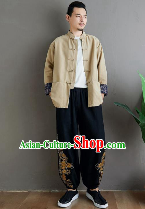 Chinese National Beige Linen Coat Traditional Tang Suit Upper Outer Garment Jacket Costume for Men