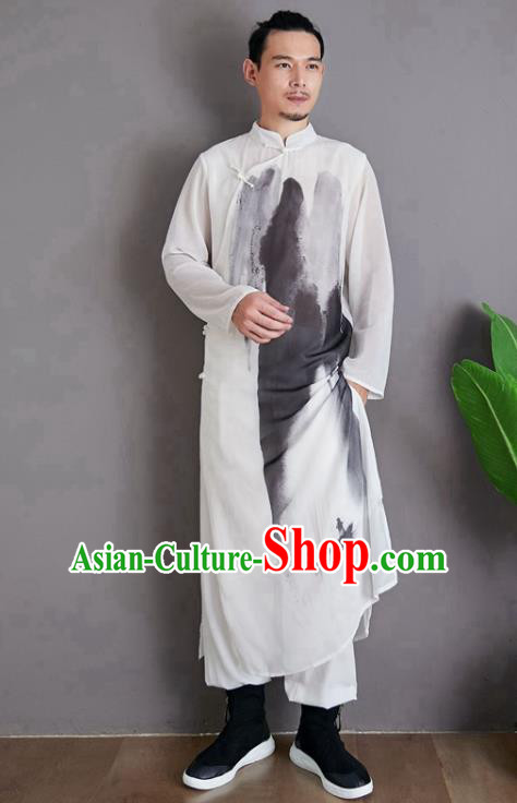 Republic of China National Ink Painting Robe Traditional Tang Suit Costume Comic Dialogue White Chiffon Long Gown for Men