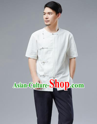 Chinese National White Linen Shirt Traditional Tang Suit Upper Outer Garment Short Sleeve Costume for Men