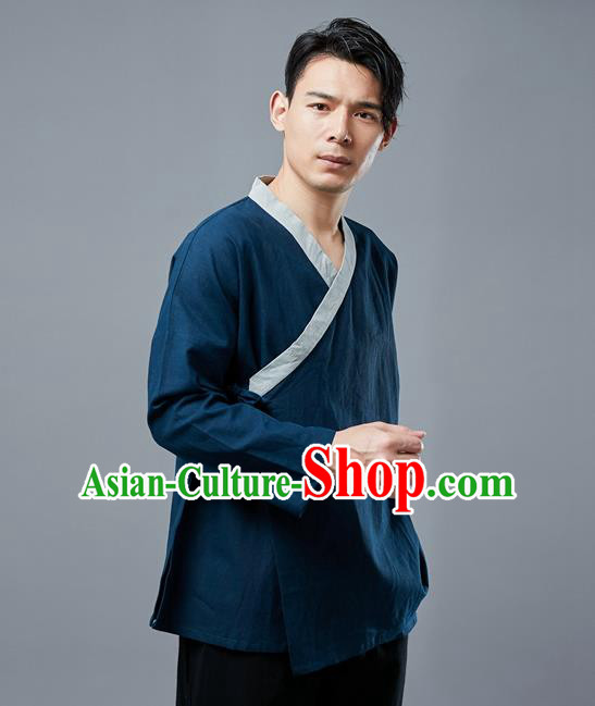 Chinese National Navy Linen Shirt Traditional Tang Suit Upper Outer Garment Slant Opening Costume for Men