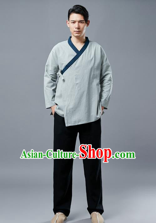 Chinese National Light Green Linen Shirt Traditional Tang Suit Upper Outer Garment Slant Opening Costume for Men