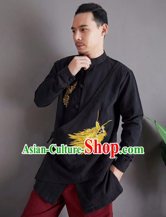 Chinese National Embroidered Black Shirt Traditional Tang Suit Upper Outer Garment Flax Costume for Men