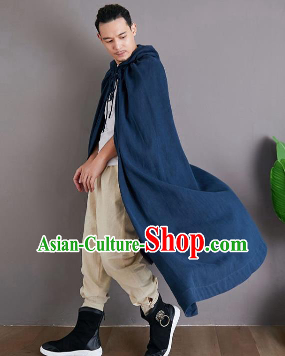 Chinese National Embroidered Dragon Navy Flax Cape Traditional Tang Suit Outer Garment Coat Costume Hooded Cloak for Men