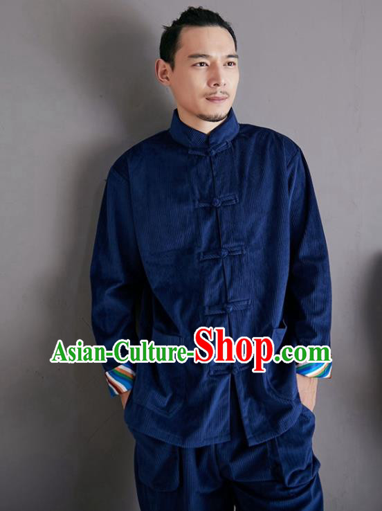 Chinese National Blue Corduroy Shirt and Pants Traditional Tang Suit Costume Martial Arts Clothing for Men