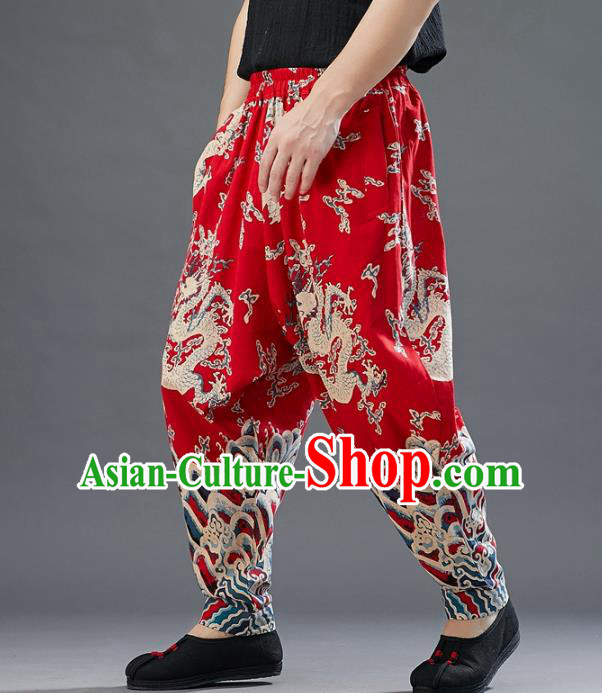 Chinese National Printing Dragons Red Flax Pants Traditional Tang Suit Costume Printing Dragon Bloomers Trousers for Men