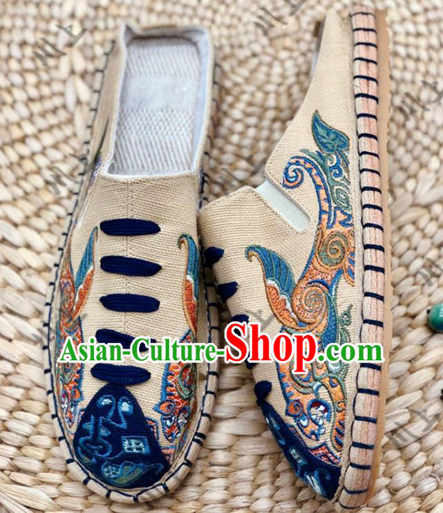 Chinese Traditional National Beige Canvas Shoes Embroidered Shoes Martial Arts Shoes Men Shoes Handmade Multi Layered Shoes