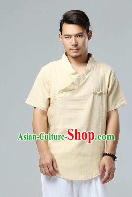 Chinese National Beige Flax Slant Opening Shirt Traditional Tang Suit Short Sleeve Upper Outer Garment Costume for Men