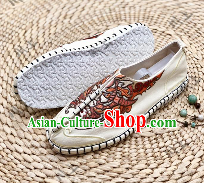 Chinese Traditional National Beige Cloth Shoes Martial Arts Shoes Men Shoes Handmade Multi Layered Shoes Embroidered Shoes