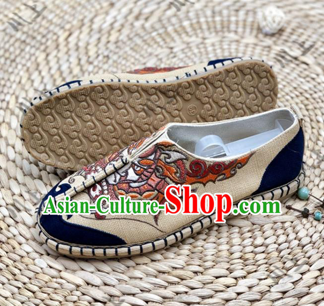 Chinese Traditional National Khaki Cloth Shoes Martial Arts Shoes Men Shoes Handmade Multi Layered Shoes Embroidered Shoes