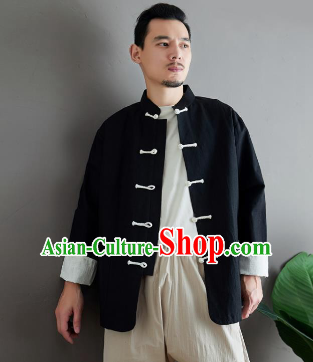 Chinese National Sun Yat Sen Black Flax Jacket Traditional Tang Suit Outer Garment Coat Costume for Men