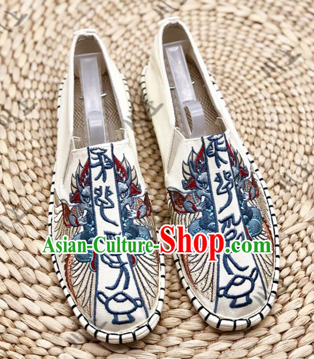 Chinese Traditional National Embroidery Beige Cloth Shoes Martial Arts Shoes Men Shoes Handmade Shoes Embroidered Shoes