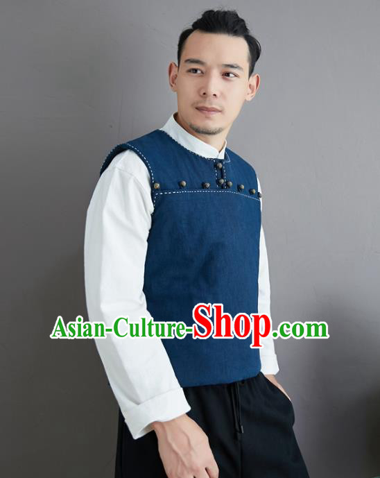 Chinese National Blue Ramine Vest Traditional Tang Suit Upper Outer Garment Waistcoat Costume for Men