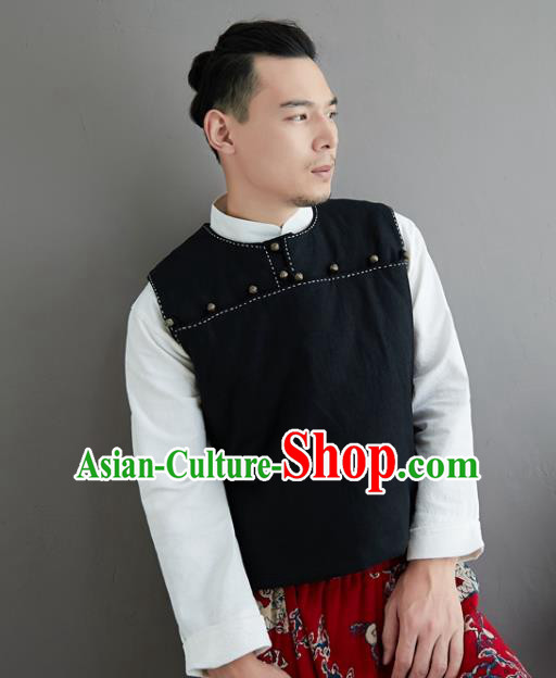 Chinese National Black Ramine Vest Traditional Tang Suit Upper Outer Garment Waistcoat Costume for Men