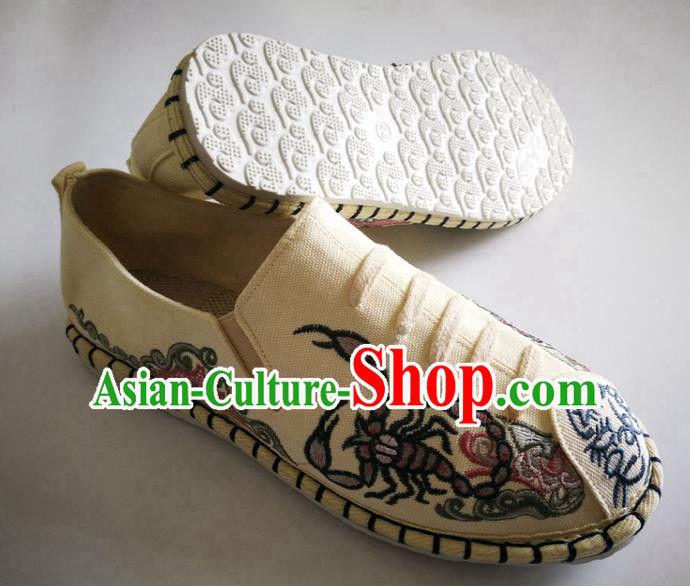 Chinese Traditional National Embroidered Beige Flax Shoes Martial Arts Shoes Men Shoes Handmade Shoes