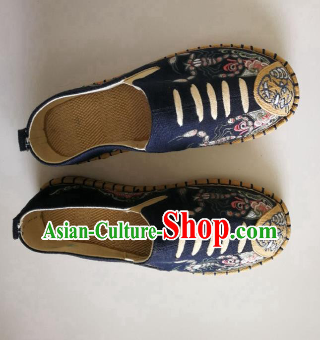 Chinese Traditional National Embroidered Navy Flax Shoes Martial Arts Shoes Men Shoes Handmade Shoes