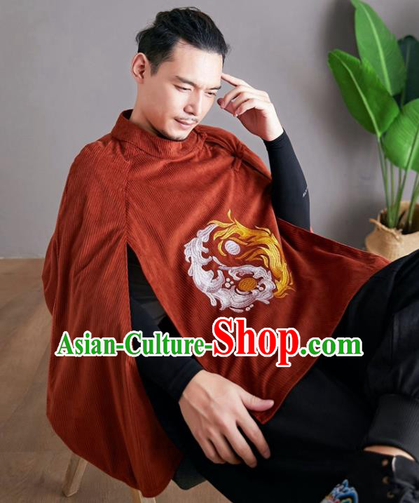 Chinese National Embroidered Red Cloak Traditional Tang Suit Outer Garment Corduroy Coat Costume for Men