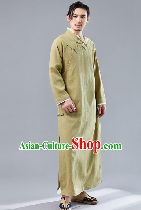 Republic of China National Ginger Flax Robe Traditional Tang Suit Costume Comic Dialogue Long Gown for Men