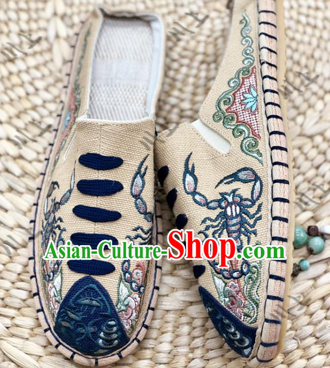 Chinese Traditional National Khaki Flax Shoes Martial Arts Shoes Men Shoes Handmade Shoes Embroidered Slippers