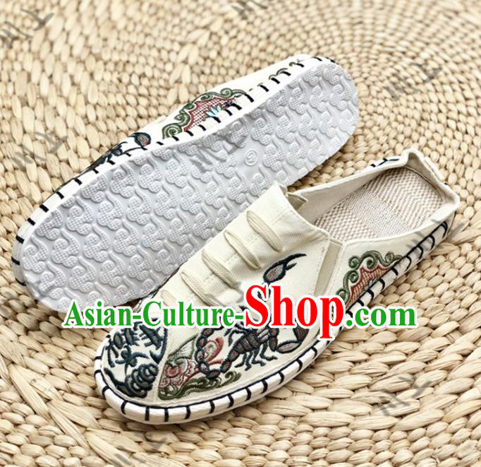 Chinese Traditional National Beige Flax Shoes Martial Arts Shoes Men Shoes Handmade Shoes Embroidered Slippers