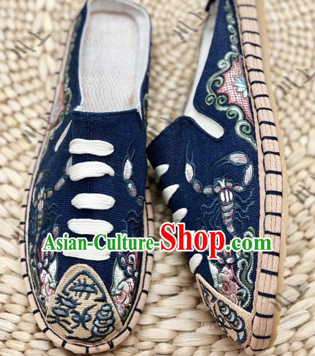 Chinese Traditional National Navy Flax Shoes Martial Arts Shoes Men Shoes Handmade Shoes Embroidered Slippers