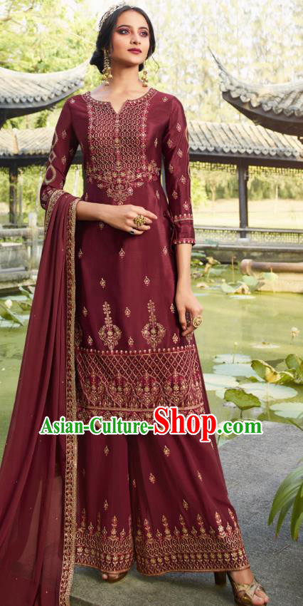 Asian India National Punjab Costumes Asia Indian Traditional Embroidered Wine Red Dress Sari and Loose Pants for Women