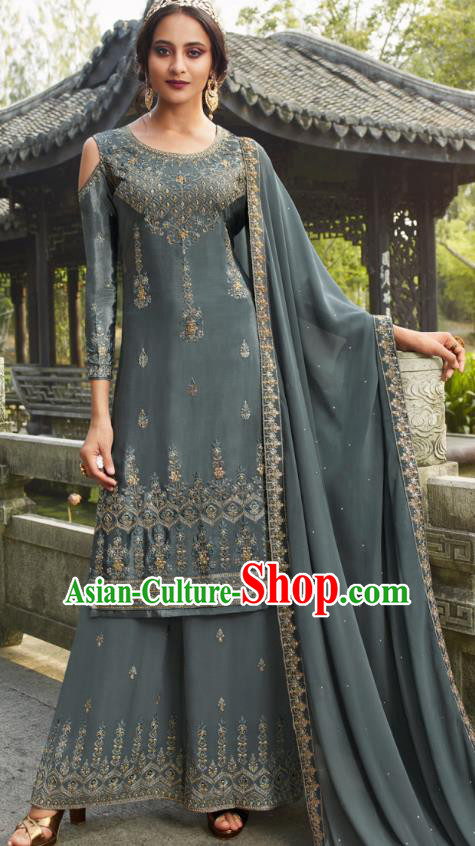 Asian India National Punjab Costumes Asia Indian Traditional Embroidered Gray Blue Dress Sari and Loose Pants for Women