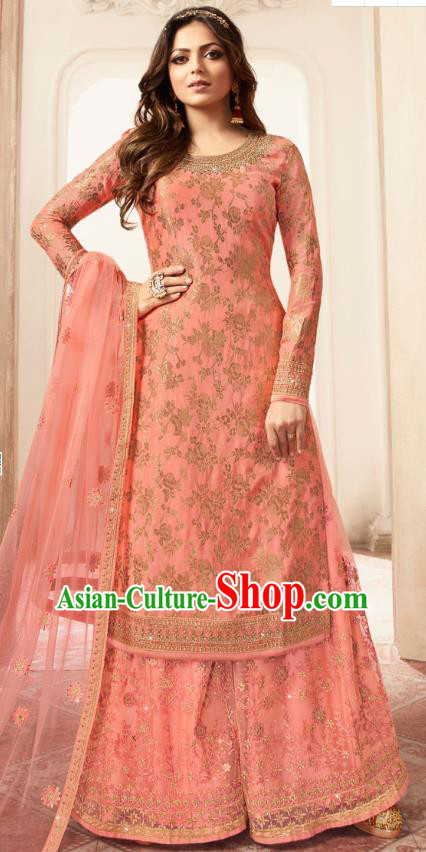 Asian India National Punjab Costumes Asia Indian Traditional Embroidered Peach Pink Long Blouse Sari and Loose Pants for Women