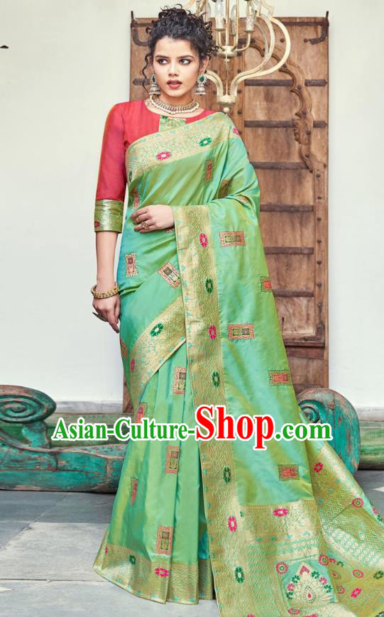 Asian India National Saree Costumes Asia Indian Bride Traditional Rosy Blouse and Green Silk Sari Dress for Women