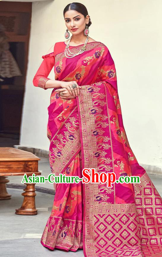 Asian India National Saree Costumes Asia Indian Bride Traditional Magenta Blouse and Rosy Silk Sari Dress for Women