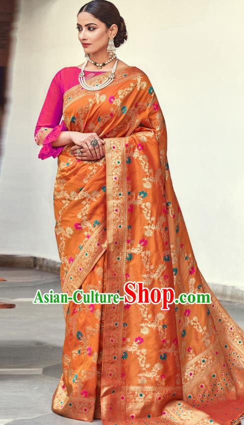 Asian India National Saree Costumes Asia Indian Bride Traditional Magenta Blouse and Orange Silk Sari Dress for Women