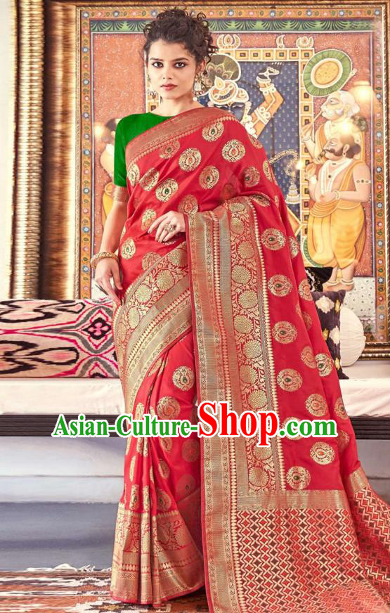 Asian India National Saree Costumes Asia Indian Bride Traditional Green Blouse and Red Silk Sari Dress for Women