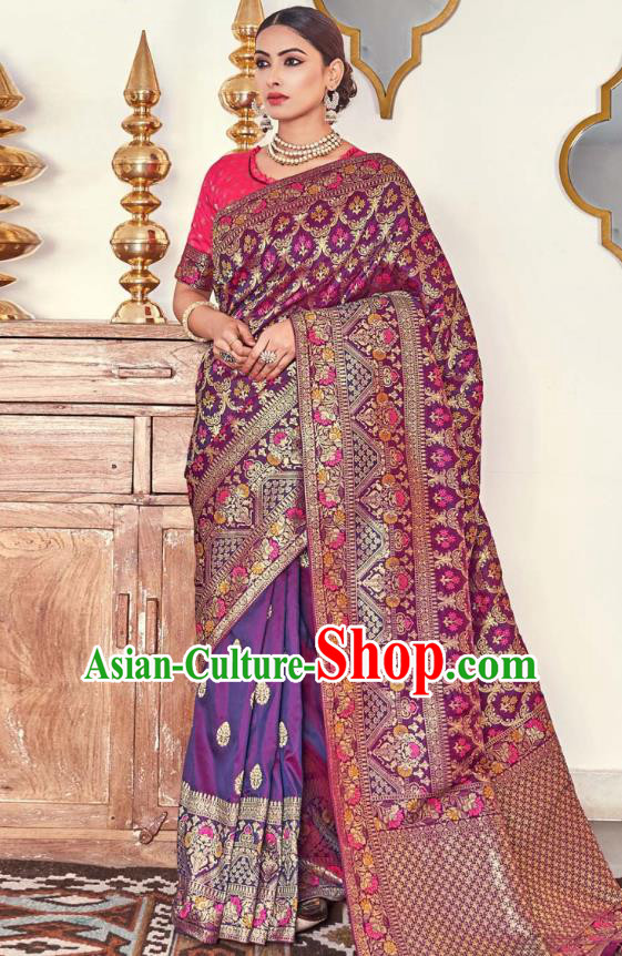 Asian India National Saree Costumes Asia Indian Bride Traditional Rosy Blouse and Purple Silk Sari Dress for Women